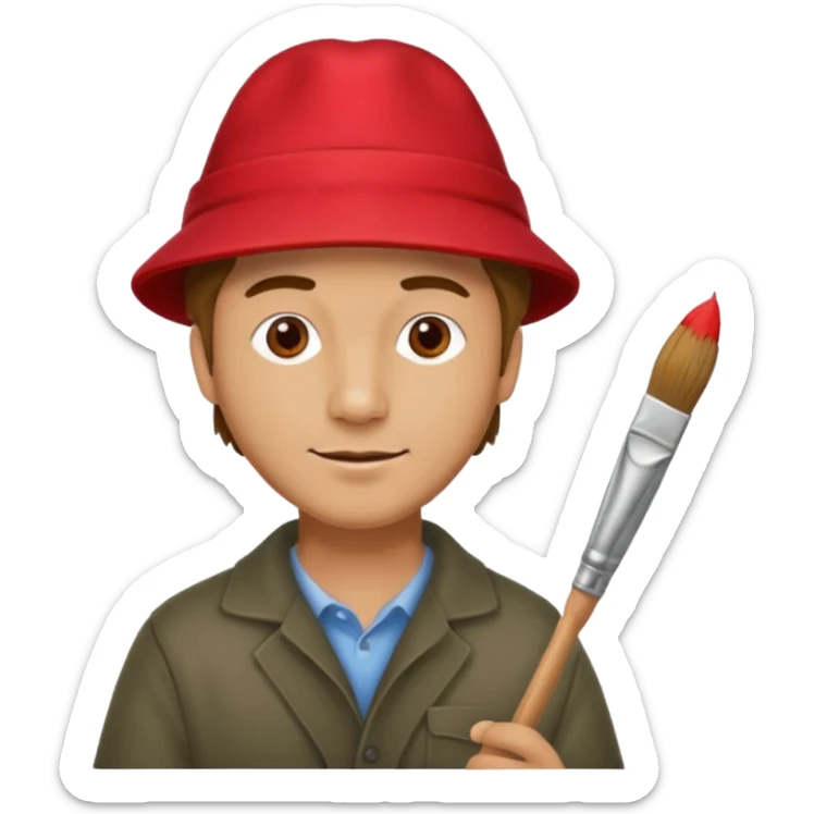 Thoughtful artist, adult man in a red hat with a paintbrush sticker