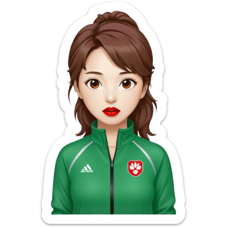 Han Mi-nyeo : Age: Late 40s
Appearance: A middle-aged woman with frizzy, messy brown hair and dramatic red lipstick.
Outfit: Green player tracksuit sticker