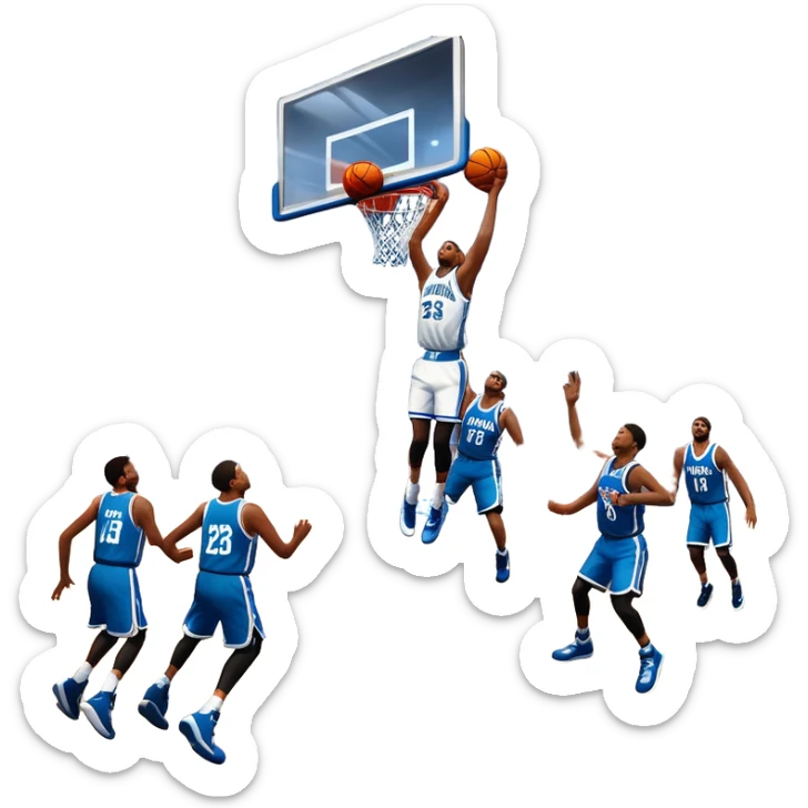 An icon showing a basketball court with players in action, inspired by NBA 2K25. A player jumps for a dunk, the ball mid-air, with the court’s floor and surrounding basketball arena visible. Bright lights highlight the excitement of the game. Transparent background. sticker