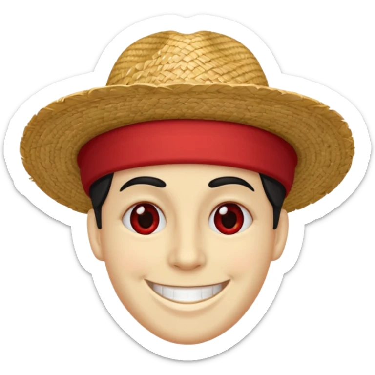 Un personnage avec la peau beige une cicatrice sous l'oeil des cheveux noirs en bataille et un chapeau de paille avec une bande rouge il arbore un grand sourire sticker