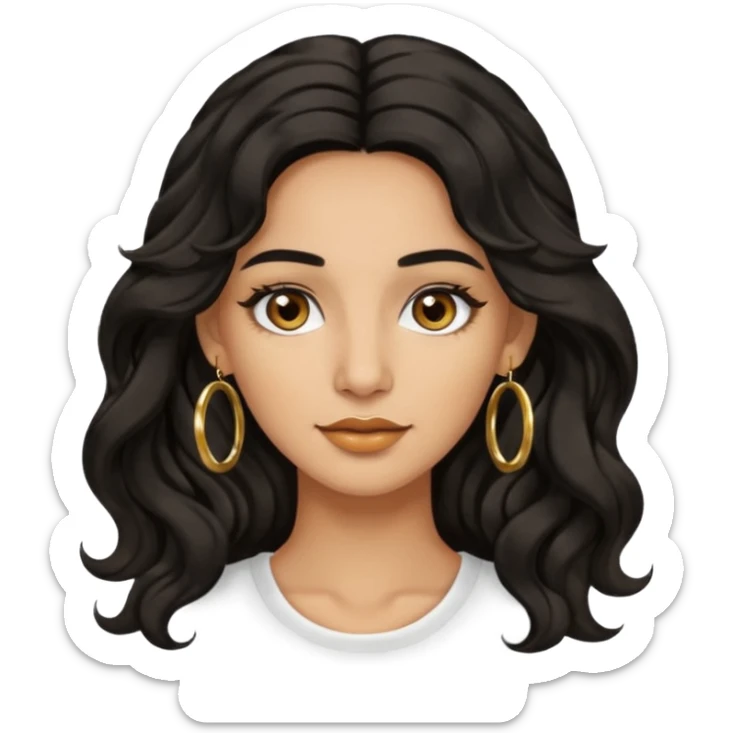 woman with olive skin, brown eyes and long lashes, and long black wavy hair and gold hoop earrings sticker