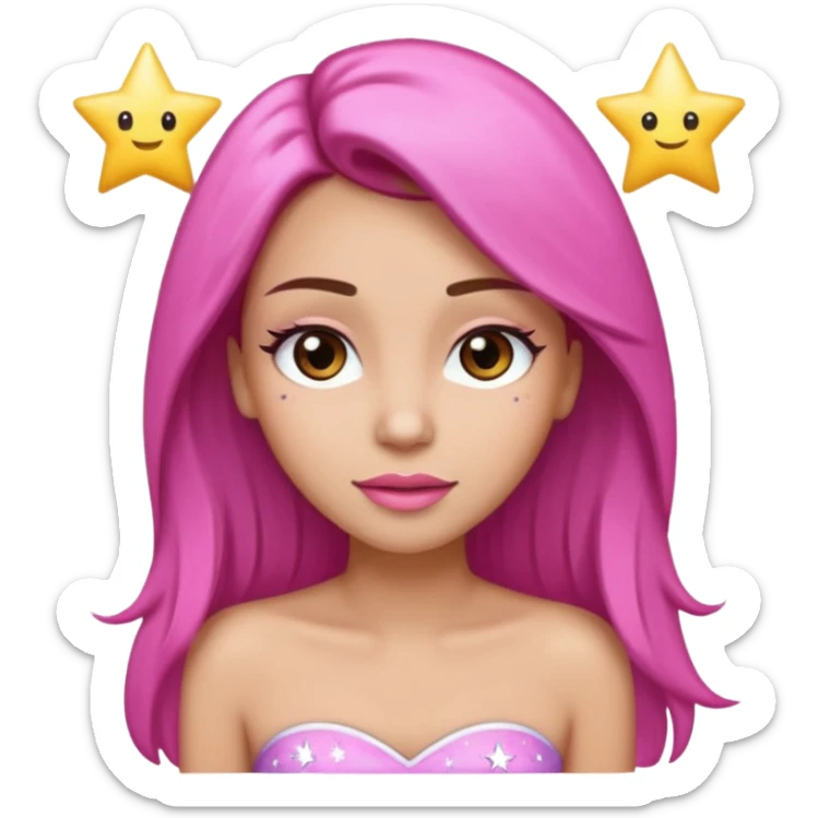 A young woman with long straight brown hair, big brown eyes, long eyeleshes,pink lips, wearing a white strappless top, in emoji style with shiny star effects in her hair sticker