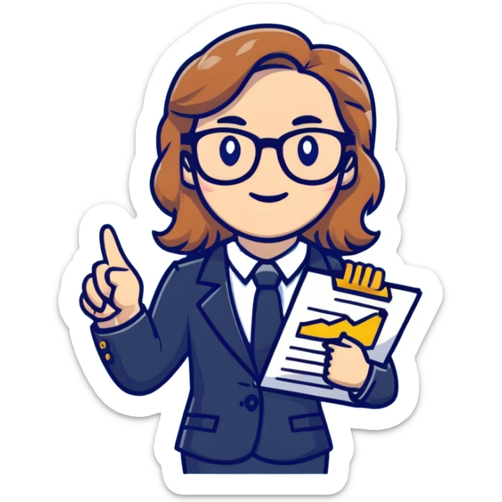 Professional economics channel mascot with shoulder-length wavy light brown hair, rectangular glasses, navy blazer, light blue shirt, holding clipboard with chart, pointing at dollar and euro symbols sticker