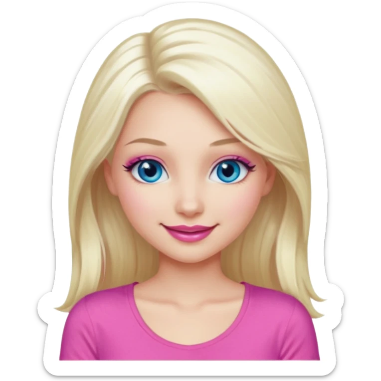 Girl with long platinum blonde hair, blue eyes, long lashes, sexy pink lips, wearing a pink top sticker