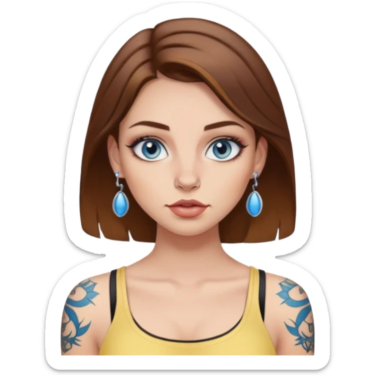 girl with brown hair, blue eyes, make up, full lips? nose piercing, some tattoos and a light yellow crop top  sticker