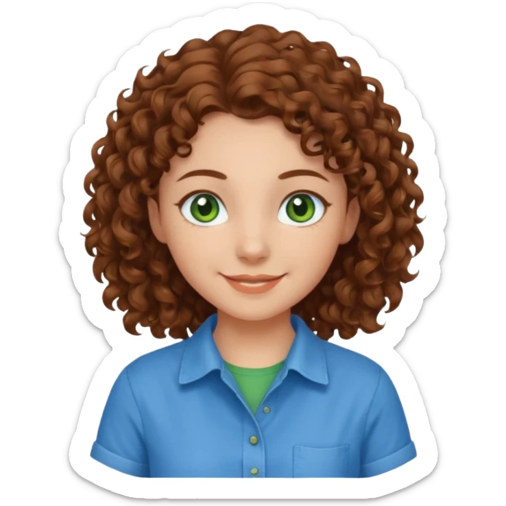 girl with brown hair, green eyes with a blue shirt no background ,young with curly hair smileing long hair not so curly and brown sticker