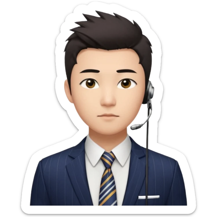 gay young Asian man with light skin, short dark hair styled upward with a sharp spiked swoop in front, slightly narrowed almond-shaped eyes with a confident, knowing squint, very squinty a clean-shaven face, and a sleek single-ear headset, wearing a dark pinstripe suit with a patterned shirt tie sticker