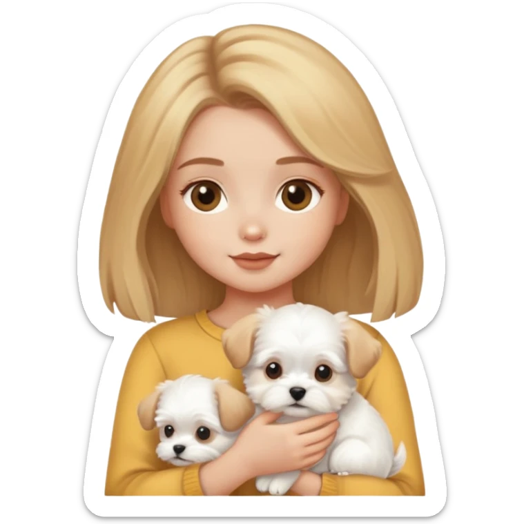 A honey dark blonde girl with a Maltese puppy sticker