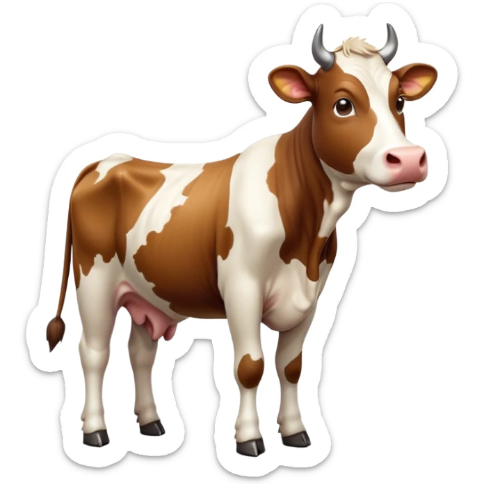 cinematic-[brown and white cow]-realistic-full-body-standing-emoji,-tail-flicking-lazily,-head-tilted-dramatically,-sleek-[brown and white]-coat,-simplified-yet-realistic-focused-features,-highly-detailed,-glowing-with-an-almost-sarcastic-glow sticker