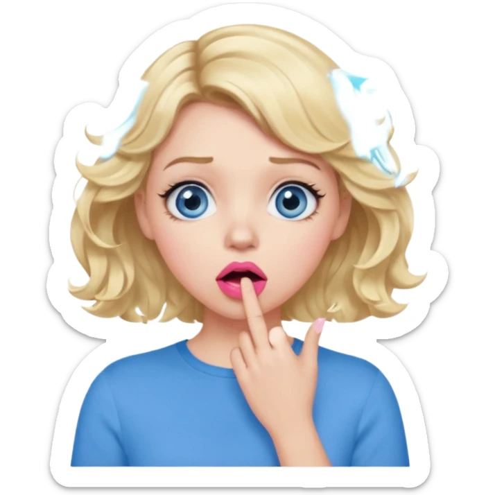 Girl Blonde short wavy hair,  blue eyes, cute blue top, long lashes, pink lips, shocked, hand over the mouth sticker