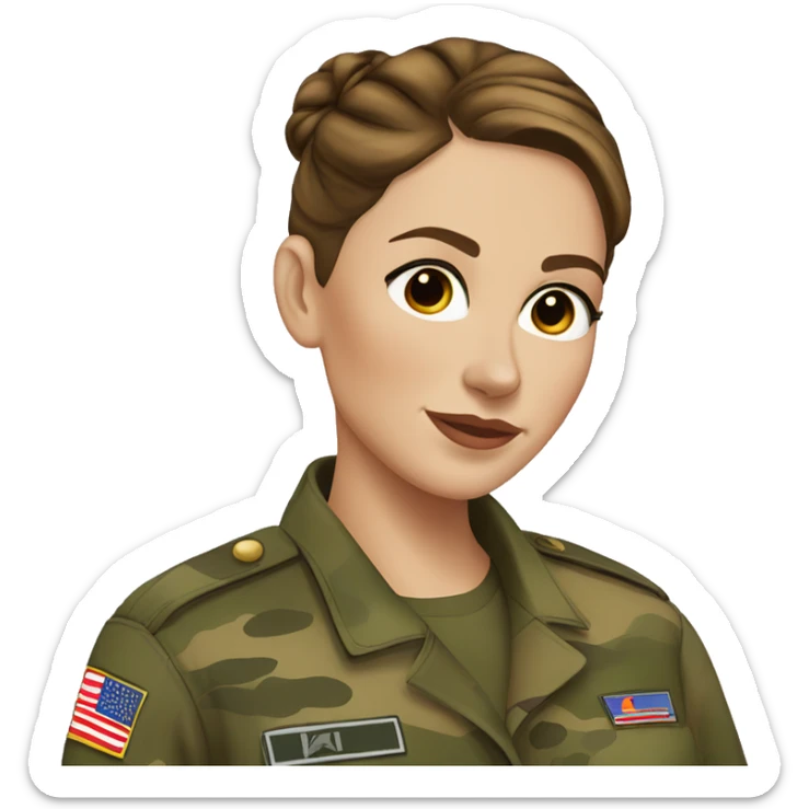 White freckled Woman in camo military uniform , brown hair, sleek hair bun sticker