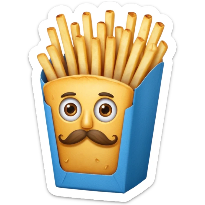long slim crispy fries in a blue carton, carton has eyes and mustache sticker