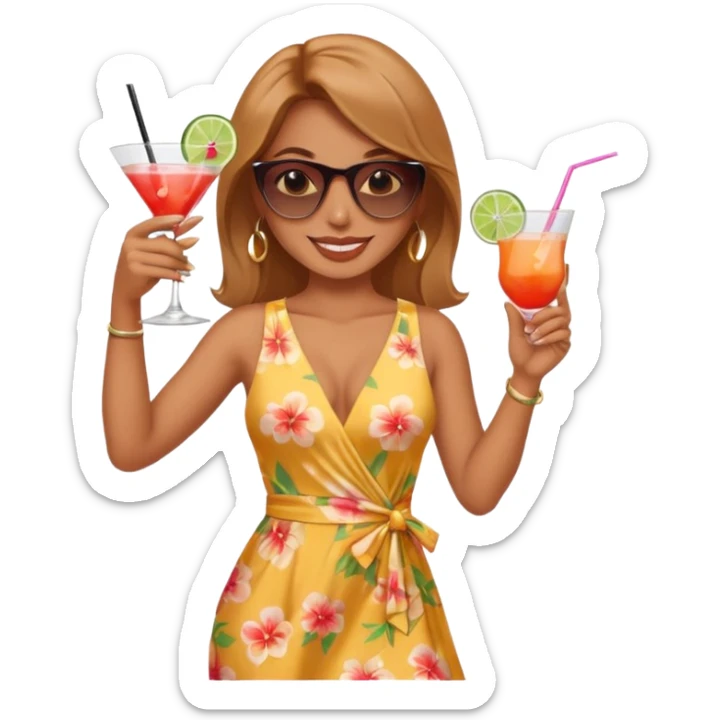 Professional sexy woman smiling holding cocktail posing in shades  and flashing peace sign sticker