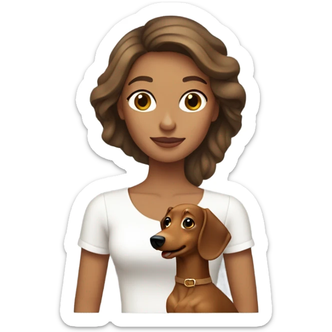 Brown haired woman with tan skin wearing white top holding a blonde long haired dachshund sticker
