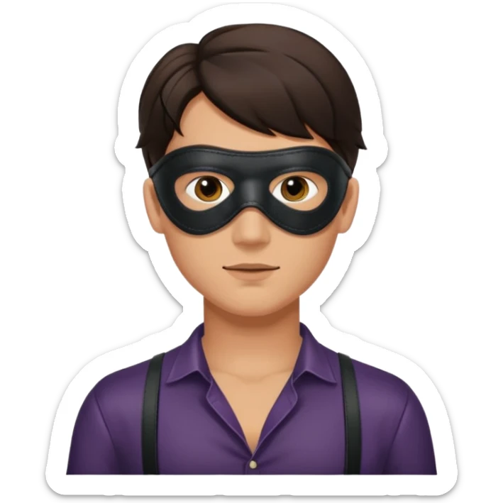 brunette young adult man with leather eye mask and leather halter neck blouse sticker