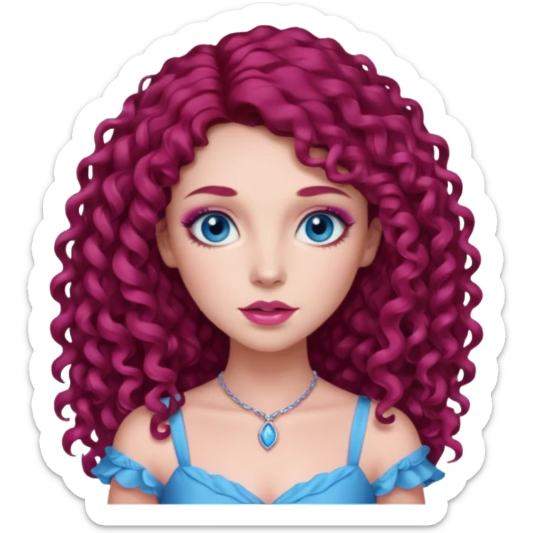 Chappell Roan long dark red curly hair, blue eyes, pink eyeshadow and lip, pink dress sticker