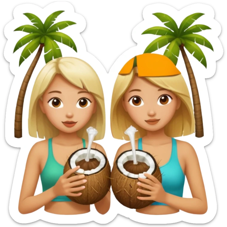 Two girls drinking out of a coconut one is Asian the other one is blonde  sticker