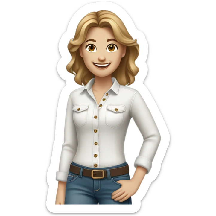 White girl with medium length light brown hair in denim jeans and white shirt smiles sticker