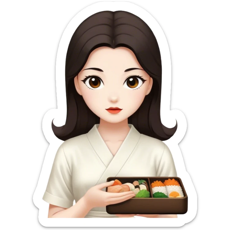 Beautiful woman in 1950’s woman fashion look, white dress, long dark brown hair, Japanese bento sticker