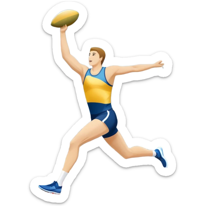 An icon featuring a collage of track and field equipment: a javelin, shot put, discus, high jump bar, and running shoes. The background shows a lively stadium with cheering fans, bright lights, and a clear sky, symbolizing the diversity of athletics. Transparent background emphasizes the sport. sticker