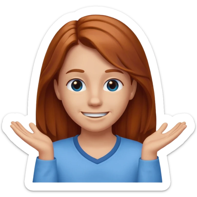 shrugging happy emoji tween long auburn hair light blue shirt with a darker blue L sticker