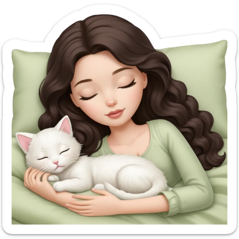 White Barbie girl dark brown long wavy hair sleeping with white kitty at pale olive bed sticker