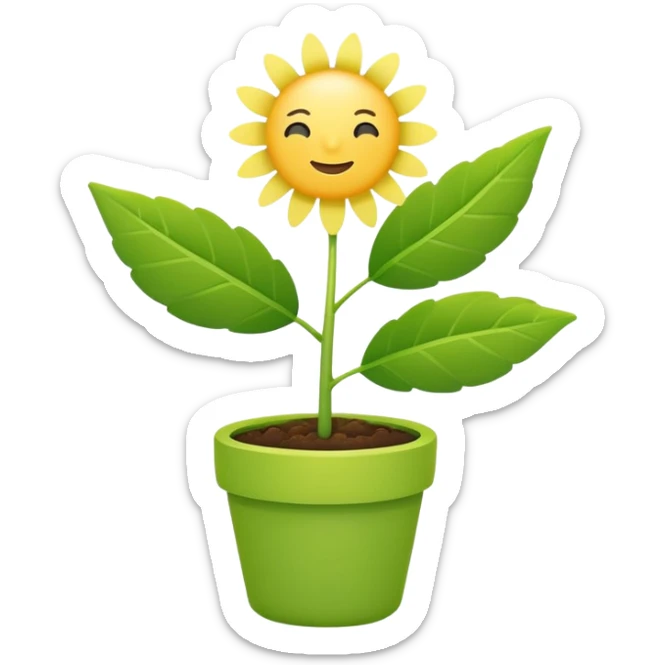 Create a cute, minimal flat emoji of a healthy green plant growing happily under the bright sun. Bright yellow sun above, vibrant green leaves, strong stem, small flowers optional, vector style, simple white background, cheerful and uplifting. sticker