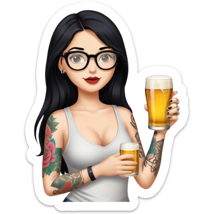 A beautiful woman with long black hair, wearing slippers that stand out, glasses on her face, tattoos on her arm, and holding a beer in one hand. sticker