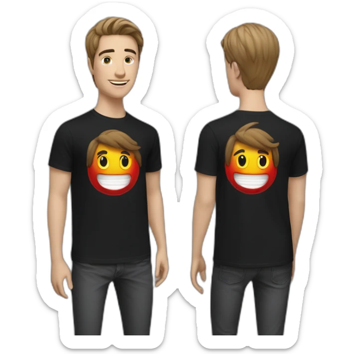 Two twin guys with a smile, medium hair black, red T-shirt with the inscription Prada sticker