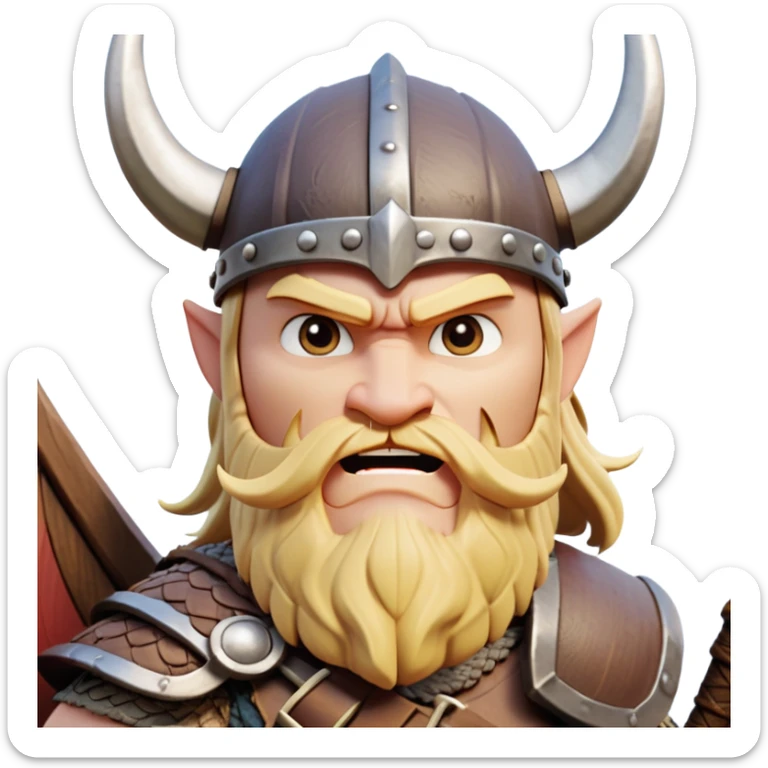 clash-of-clans-aesthetic_-cinematic-comical-viking-portrait-emoji, head tilted dramatically with an exaggerated, fierce expression and wide, comically expressive eyes, featuring a rugged yet cartoonish build with a quirky Viking helmet, standing boldly at the prow of a dragon-headed longship, its intricate dragon details carving through icy waters with epic determination. sticker
