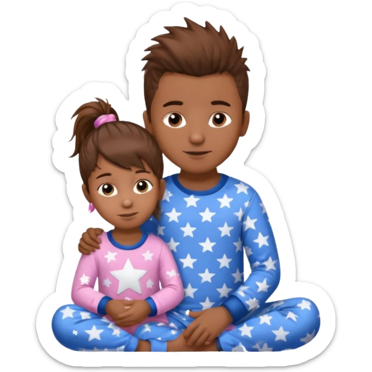 4 year old brown spikey haired boy with blue pajamas with stars on them and a 1 year old brown haired pony tail girl with pink pajamas, and stars on them sticker