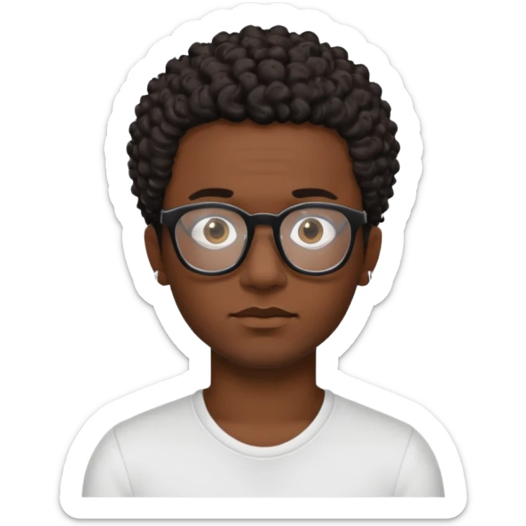 black man with short dark brown curly hair, black glasses, small tattoo on neck sticker