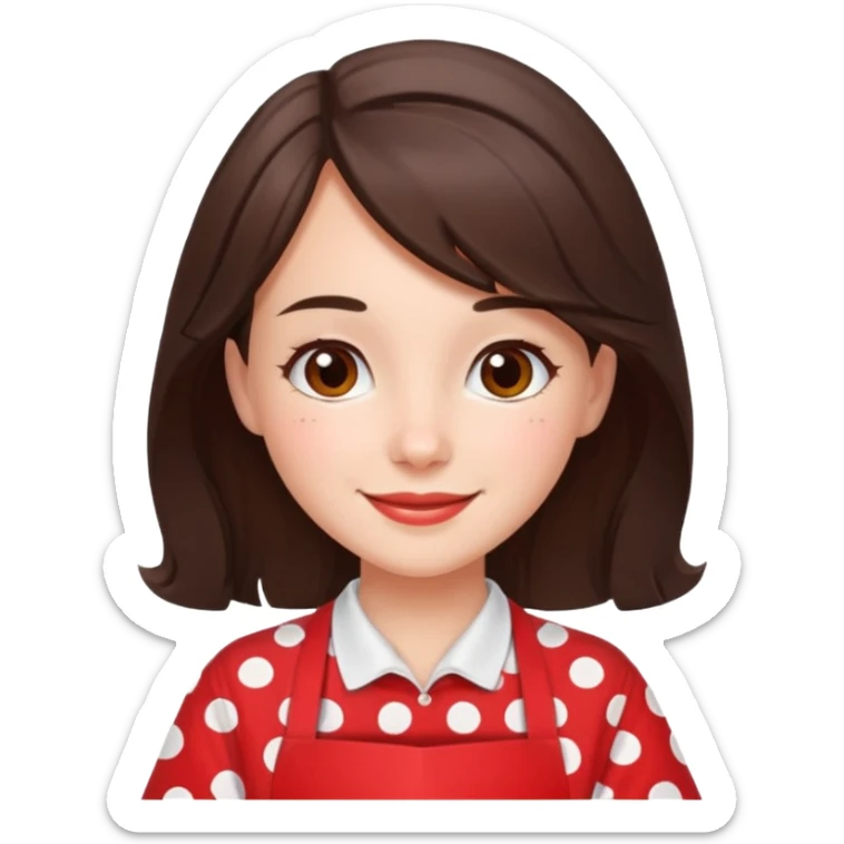 A brunette housewife girl in a red apron with white polka dots. Smiling  sticker