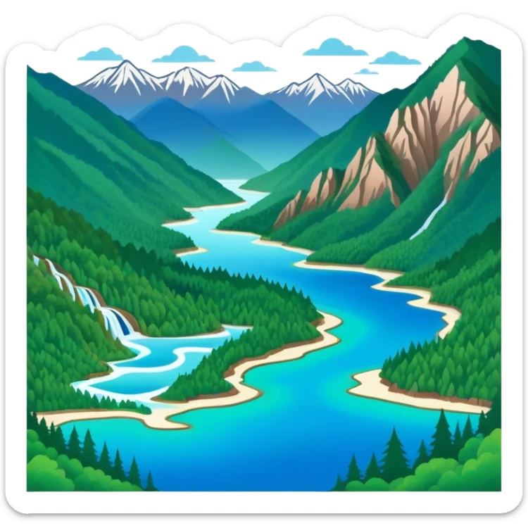 Jiuzhaigou Valley colorful lakes, simplified emoji style with bold outlines and bright colors, cartoon style blue water with mountains sticker
