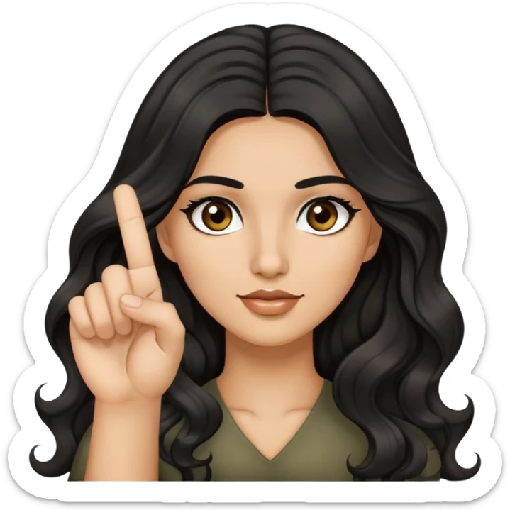 woman with olive skin, brown eyes and long lashes, and long black wavy hair holding up one hand and showing her one middle finger sticker