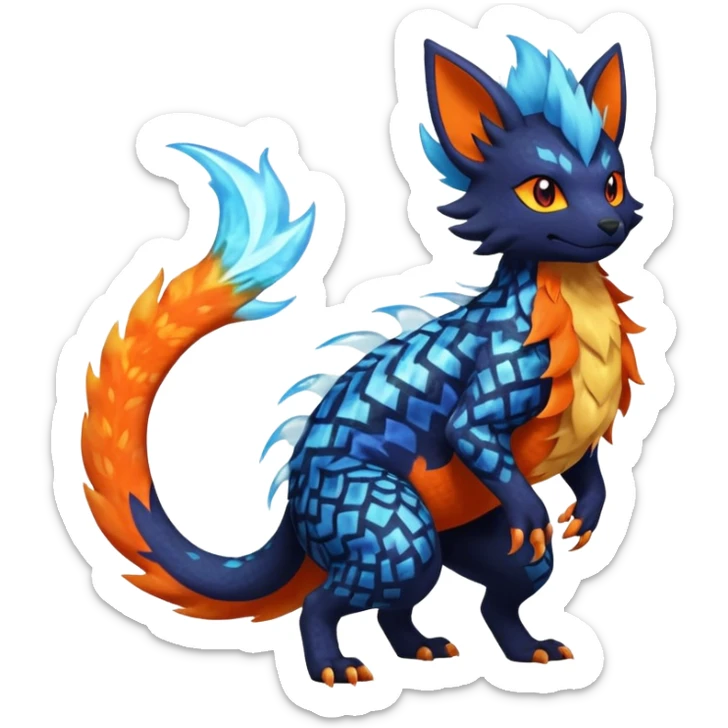 
Canine-Litten-Amaura-Salandit-Noibat-Flareon-Fakémon-fusion (full body) with intricate pattern markings sticker