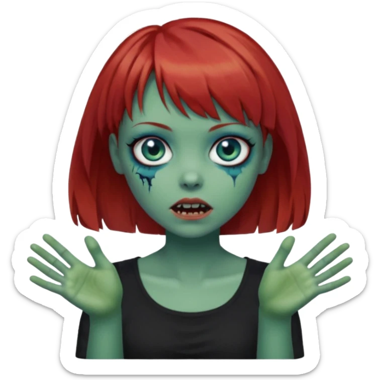 Zombie girl emoji with short red hair and bangs. Blue eyes, green skin, and a black top Her hair is slightly wavy and she has her hands outstretched in front of her.  sticker