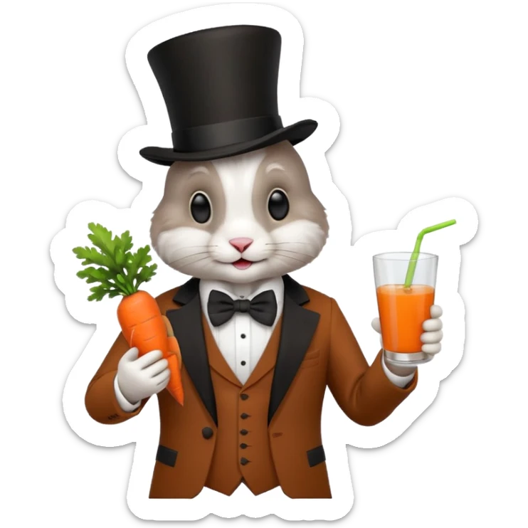 rabbit wearing suit, bowtie and top hat, holding glass of carrot juice sticker