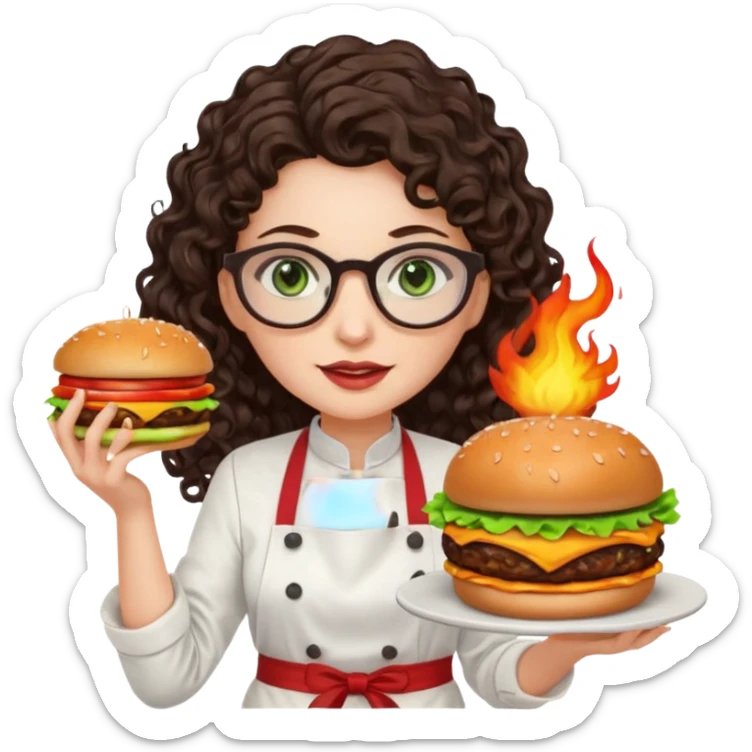 A female chef with glasses, dark brown long curly hair, White skin,Green eyes and setimg a burger on fire sticker