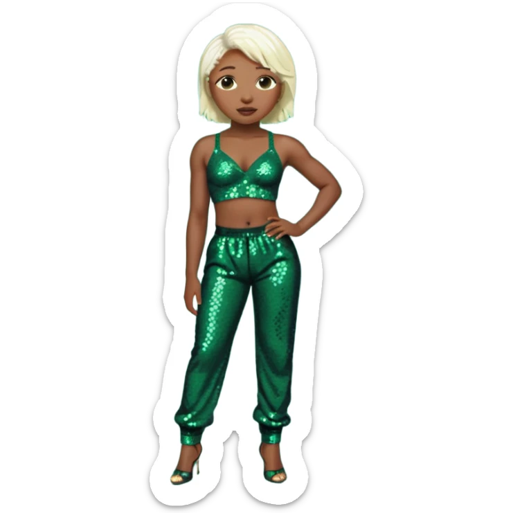 Cynthia Erivo with platinum blonde hair, dark sequin bra, dark green sequin baggy pants  sticker