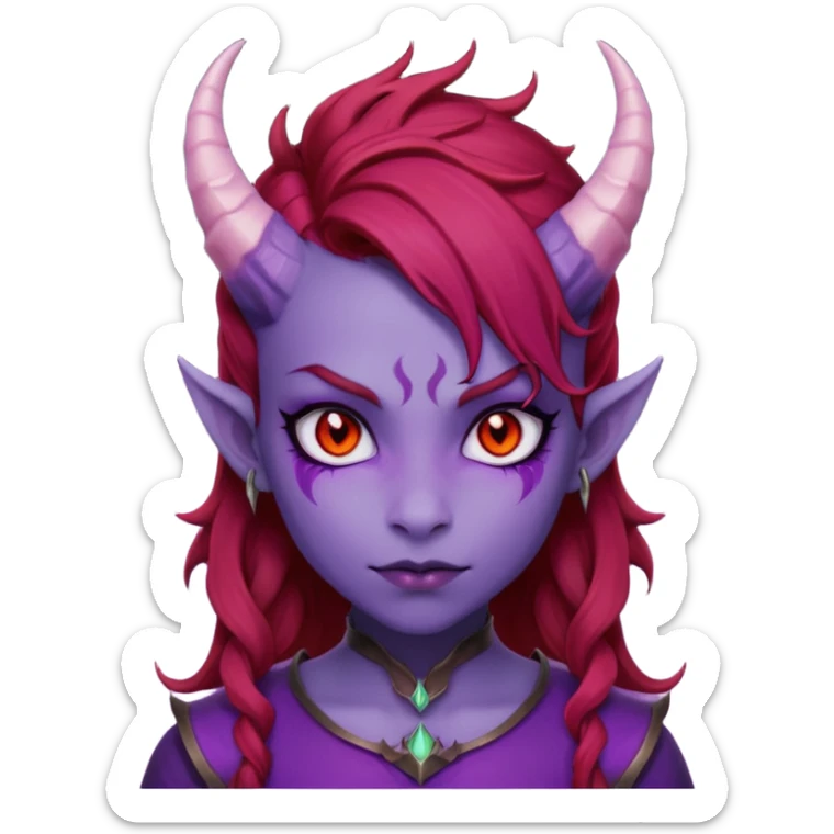 Demon Girl Purple Skin Dragon Horns Black Eyes Red Glowing Pupils Auburn Haired Red Shirt  sticker