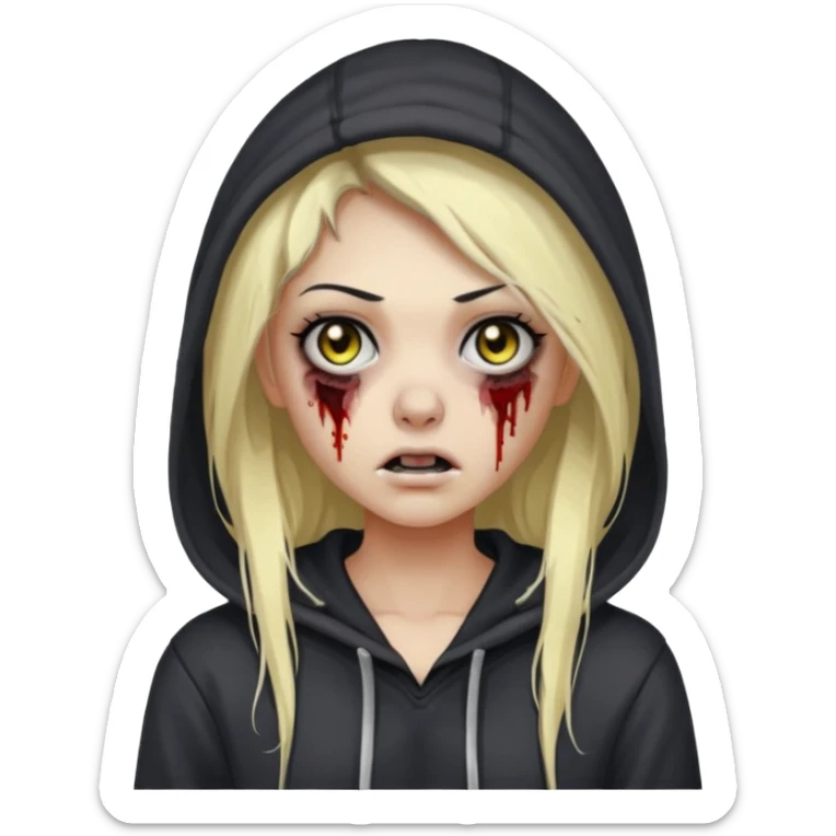 Draw a zombie girl with dark black hair with blonde highlights, long hair, and a hoodie. sticker