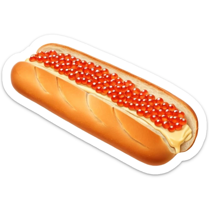 Apple style 3D emoji of a slice of fresh baguette with creamy butter and a generous layer of shining red caviar.
Realistic textures but in a clean 3D icon style. Soft reflections on the caviar pearls, delicious look, isolated on a white background. sticker