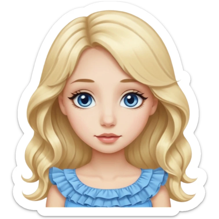 Beautiful Emoji girl with close-set blue eyes and eyeliner on them, long wide nose, wide not very full lips, oval face shape, long blonde hair in cute ruffle top sticker