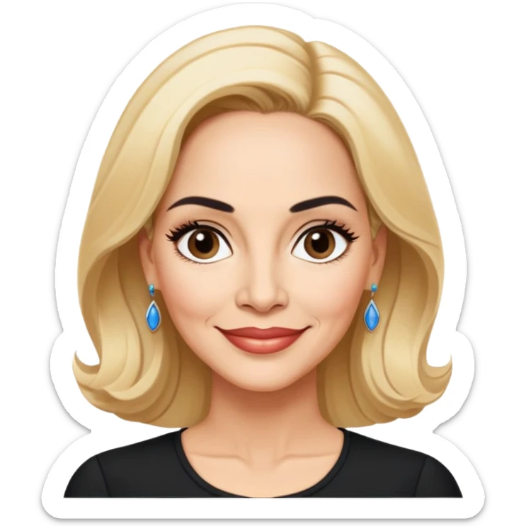 Professional portrait of Linette Torres, Puerto Rican actress in her 50s with light skin, age-appropriate features, charismatic expression, bright eyes, beautifully shaped eyebrows, charming smile, elegant blonde hair, wearing a classic black top sticker