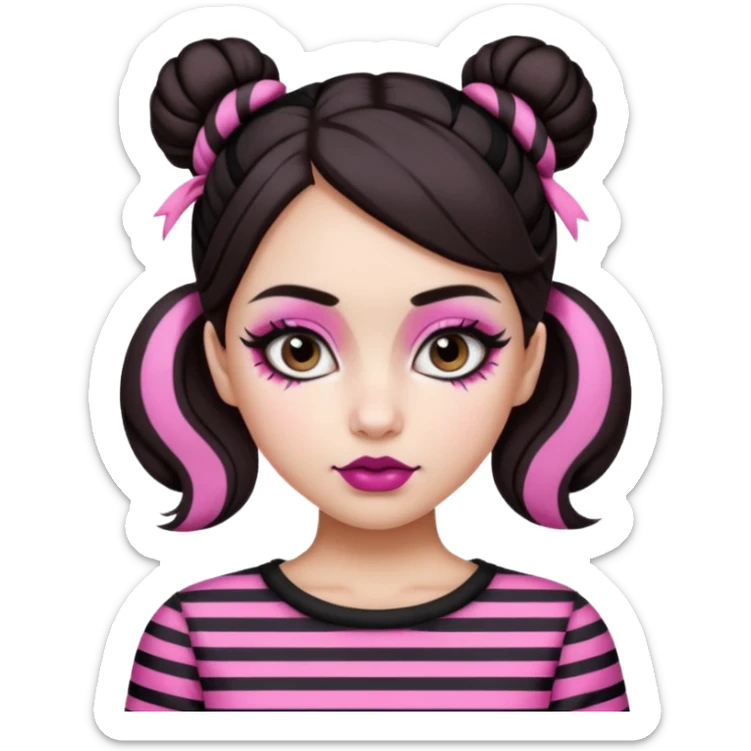 generate a pretty fair bratz girl with dark brown eyes. Dark brown hair straight hair with pink highlights tied into buns. Big eyeliner. black lipstick. Black and white striped top.  sticker