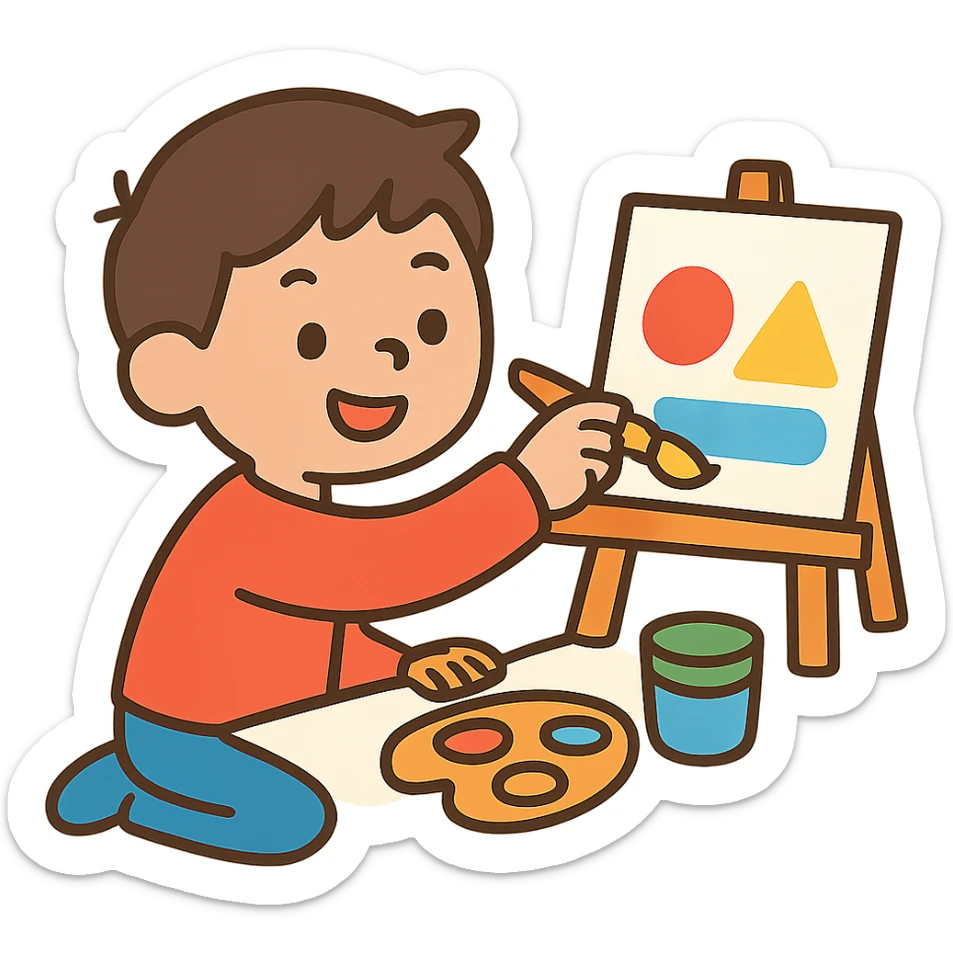 flat toon style of a kid painting with simple shapes sticker