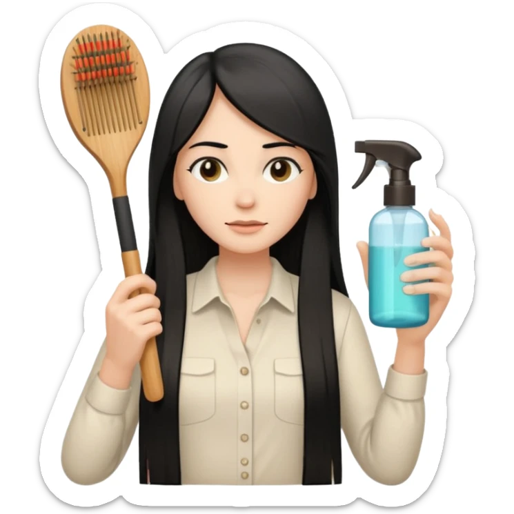A white woman with long, straight black hair, wearing an ivory-colored shirt, holding a wooden paddle hairbrush in her left hand and spraying a hair mist bottle with her right hand toward her hair. sticker