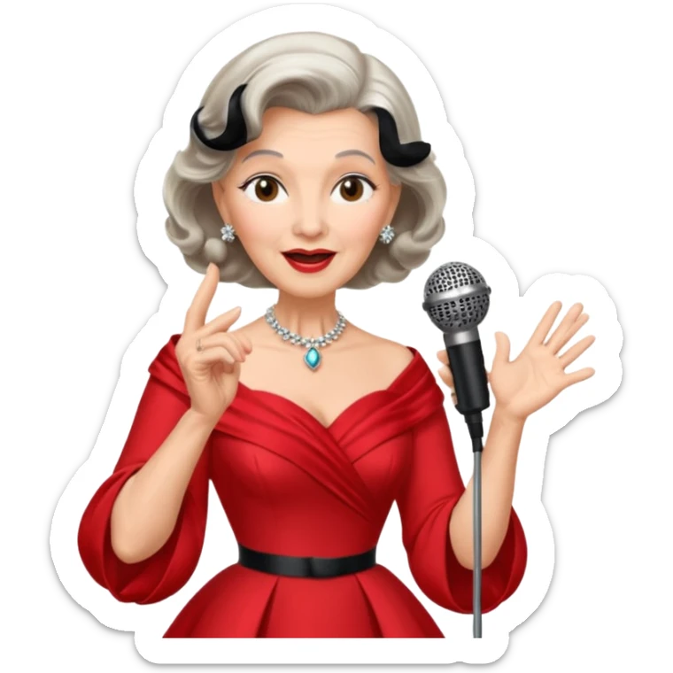 Older woman – elegant gown, 50s, diva, red dress, singing into mic sticker