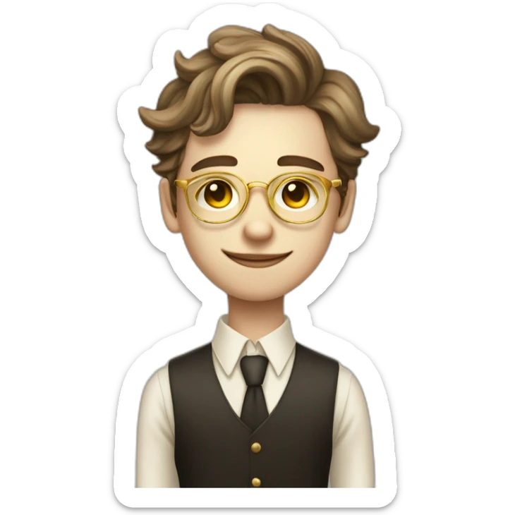 19 years old boy like a gentleman white skin tone. With golden optic glasses. Wearing old money style sticker